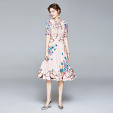 Floral Print Bow Neck Short Sleeve Vintage Elegant Dress - FashionByTeresa
